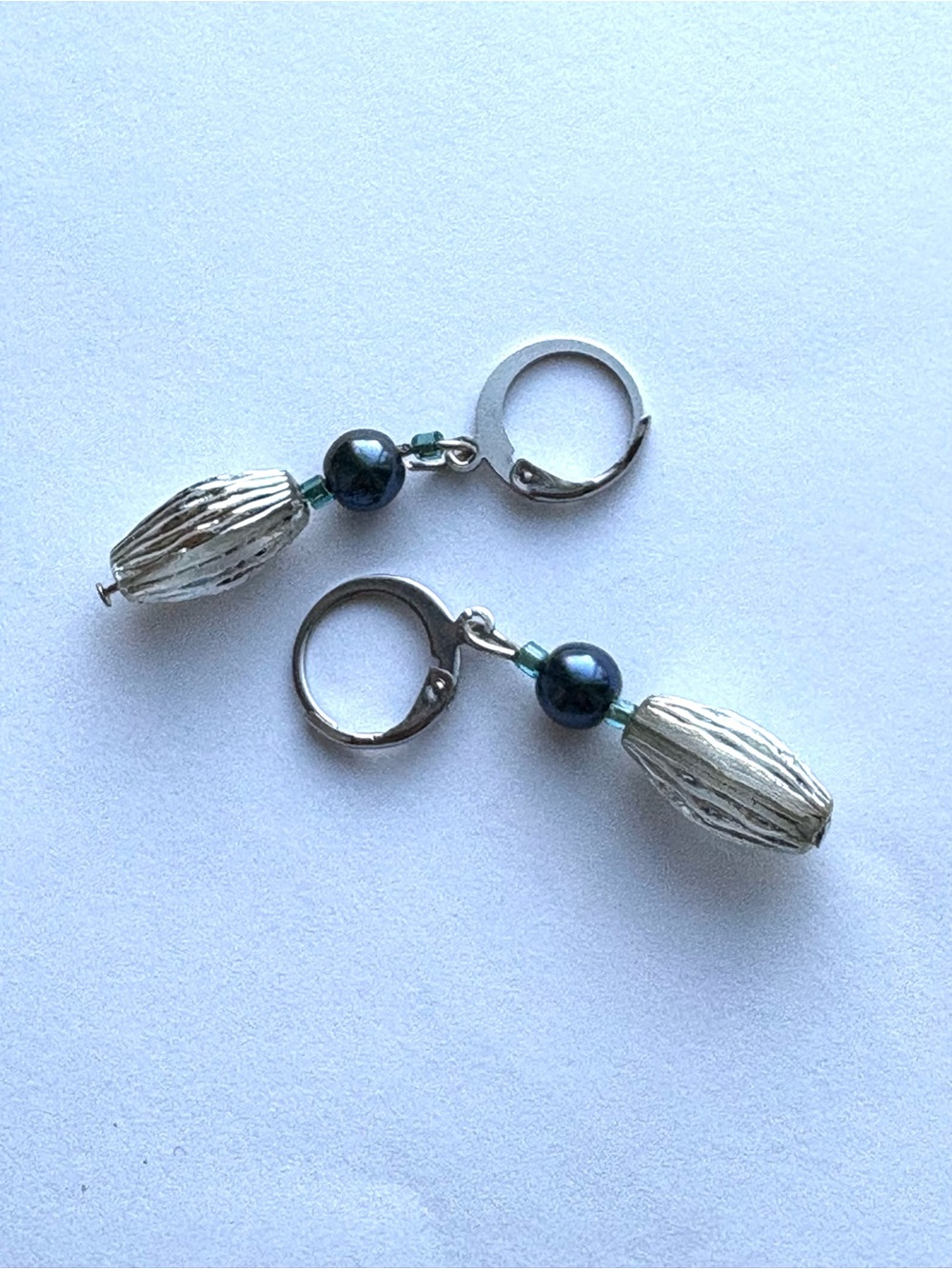 Silver Hoop Earrings with Blue faux Pearl and Textured Silver Drops